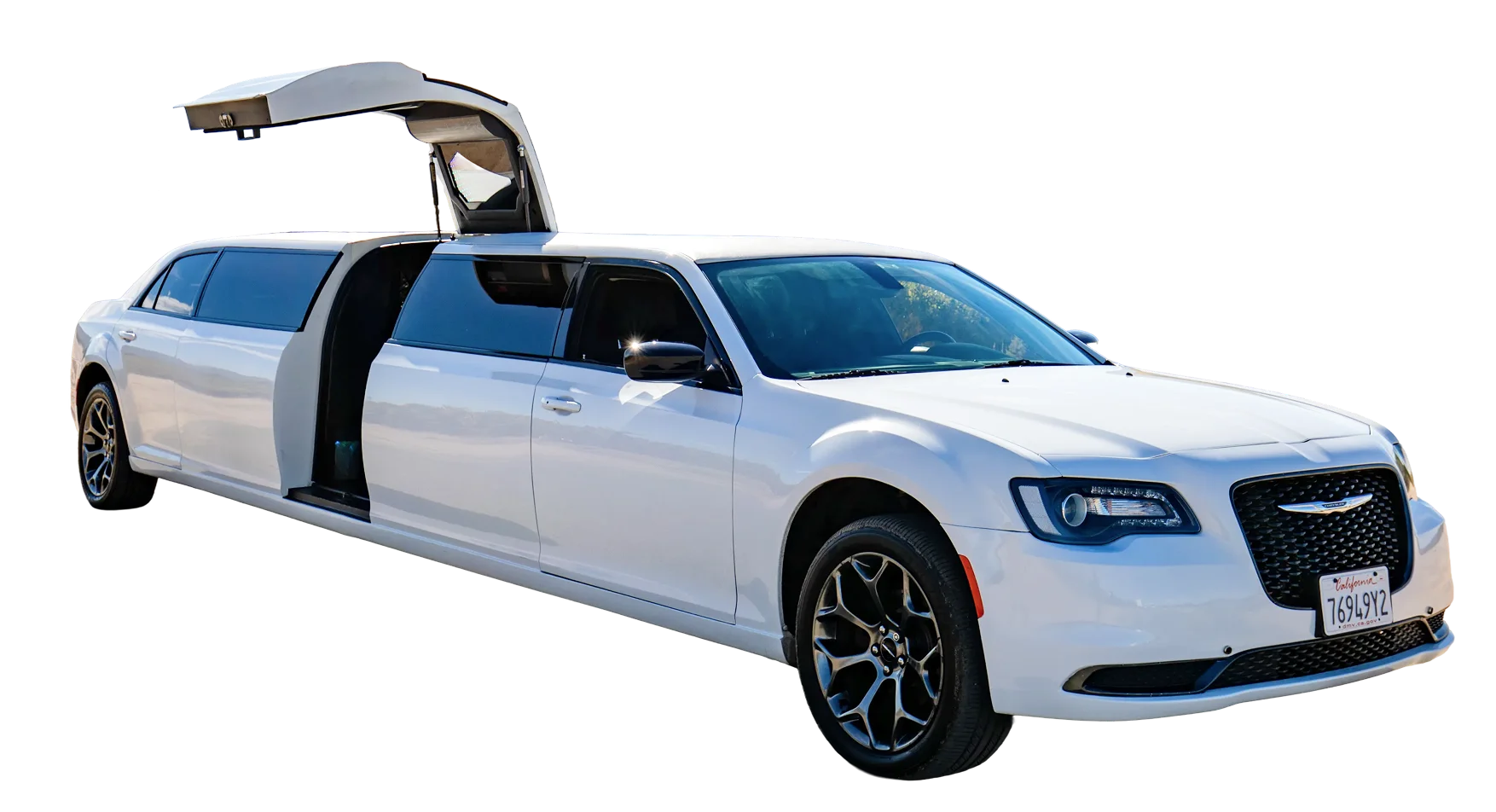 White stretch limousine with open gullwing door for Temecula Limos