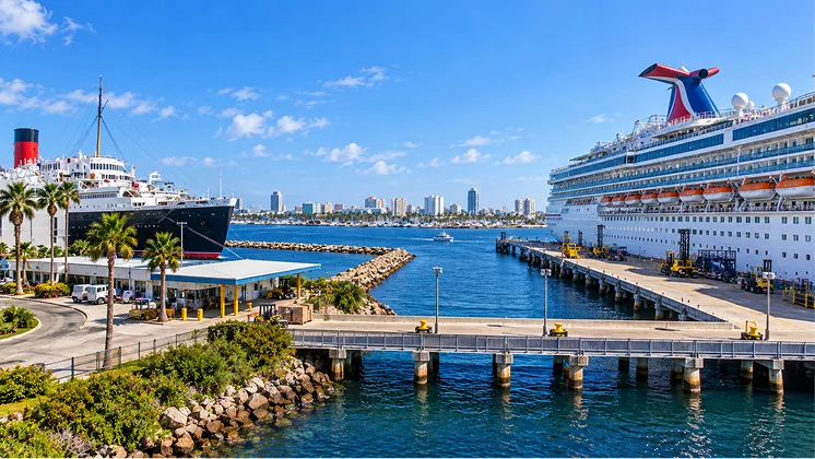 Long Beach cruise terminal with cruise ships and harbor