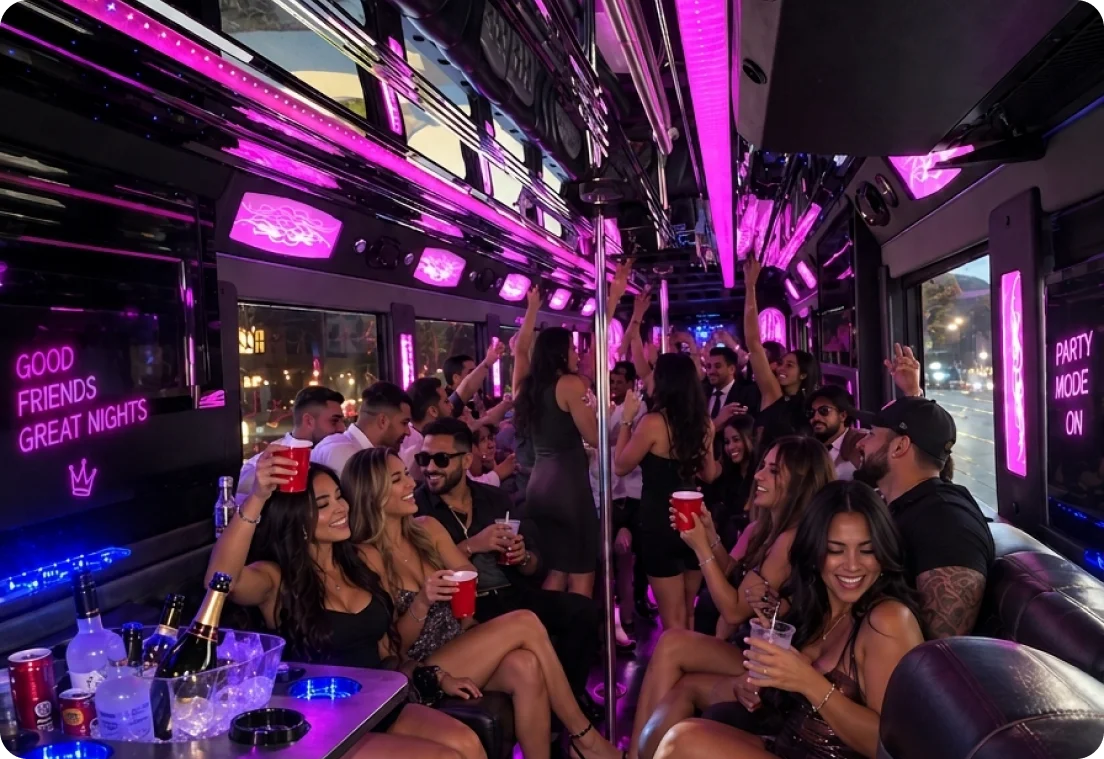 Guests enjoying a vibrant party bus interior with purple lighting