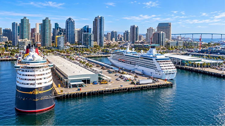 San Diego cruise terminal with cruise ships and downtown skyline