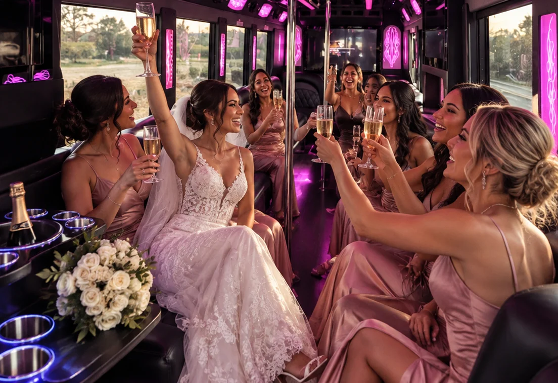 Temecula Limos party bus with bride and friends celebrating