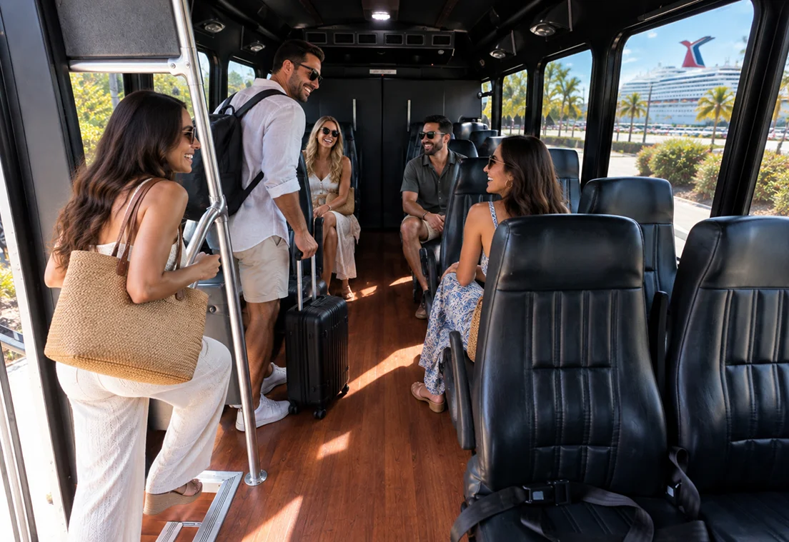 Temecula Limos shuttle interior with passengers traveling to a cruise terminal