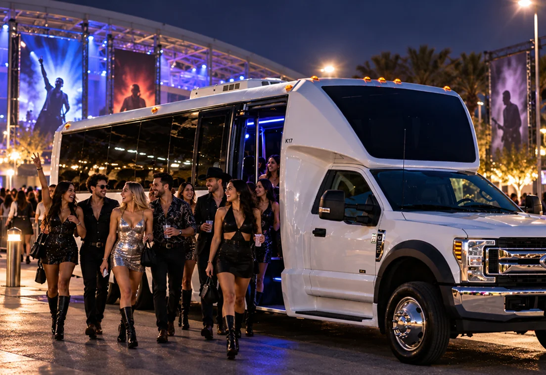 Temecula Limos shuttle bus transporting guests to an evening event