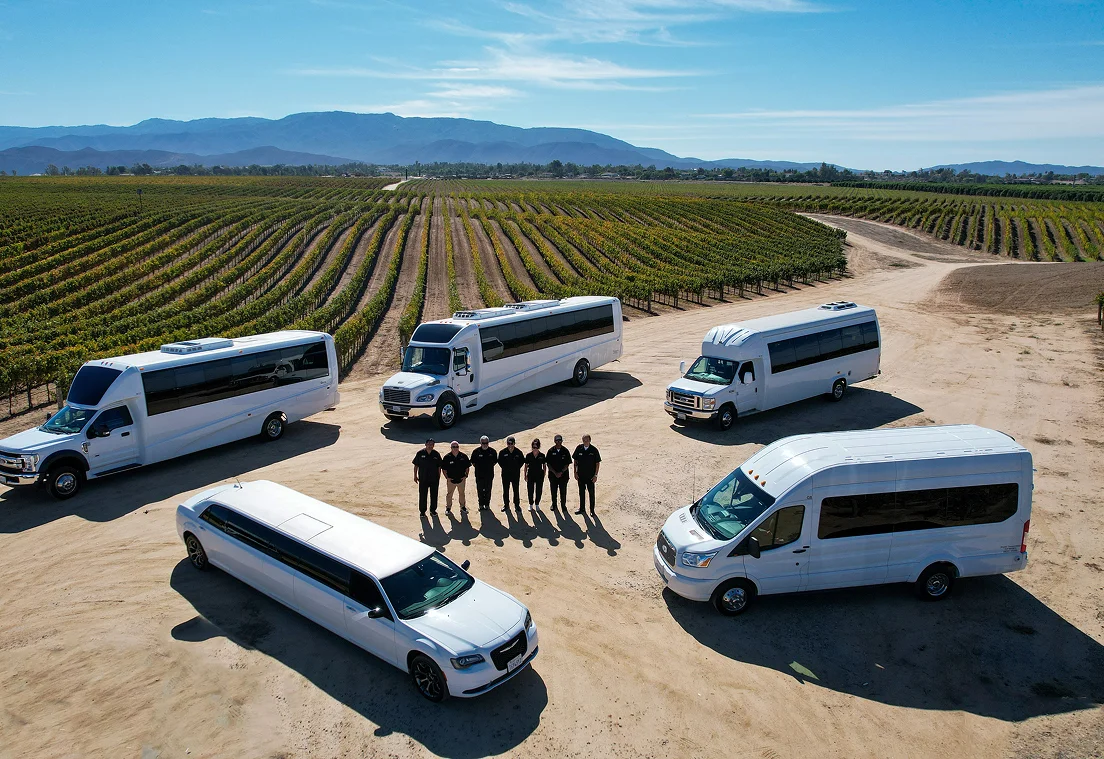 Temecula Limos fleet of luxury vehicles at a vineyard in Temecula wine country
