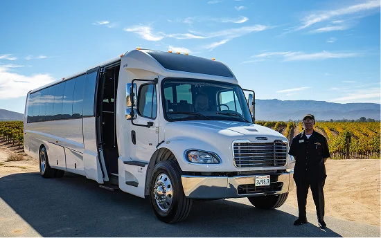 Temecula Limos large party bus with chauffeur at a vineyard in Temecula