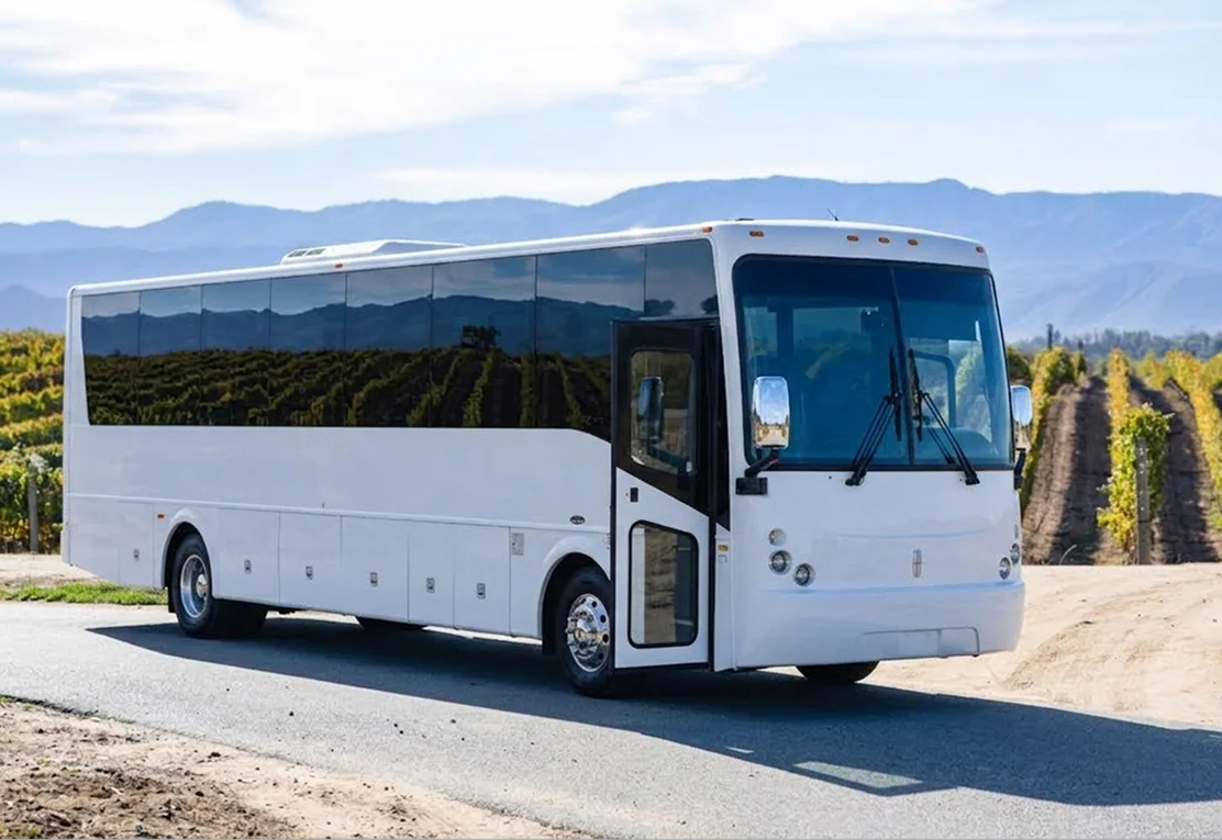 Temecula Limos luxury charter bus at a vineyard in Temecula