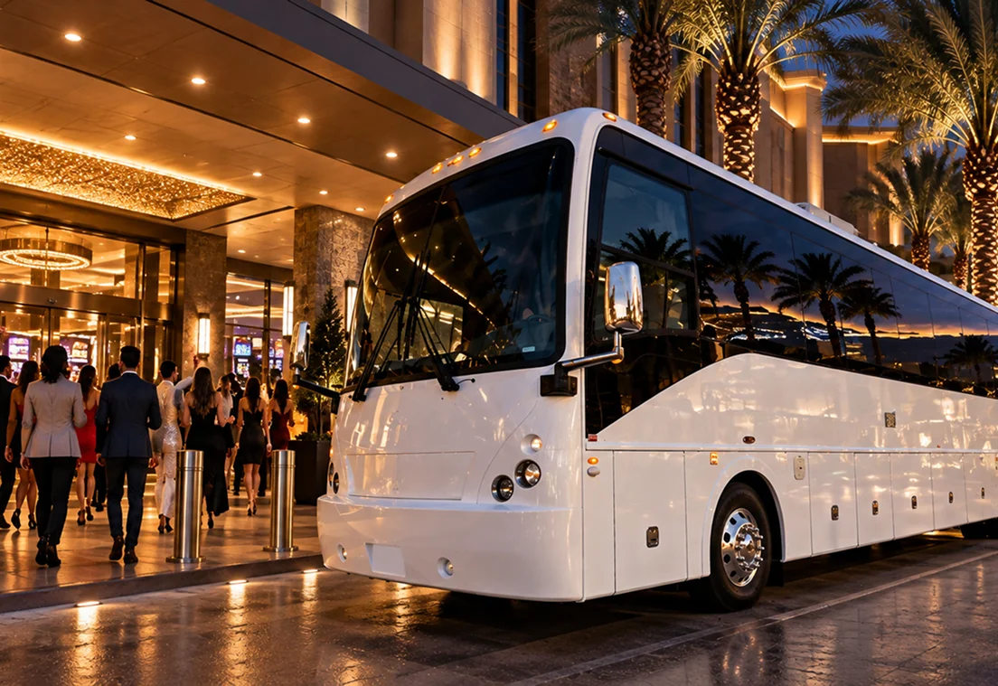 Luxury white coach bus arriving at a hotel with guests