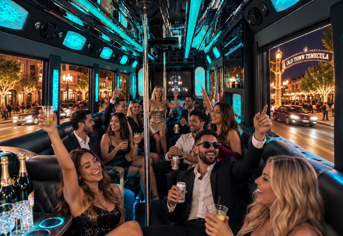 Temecula Limos party bus interior with guests in Old Town Temecula