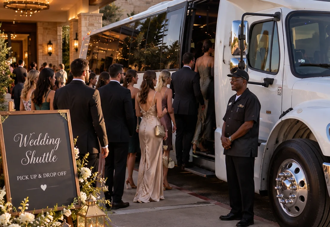 Temecula Limos wedding shuttle bus transporting guests at a wedding venue
