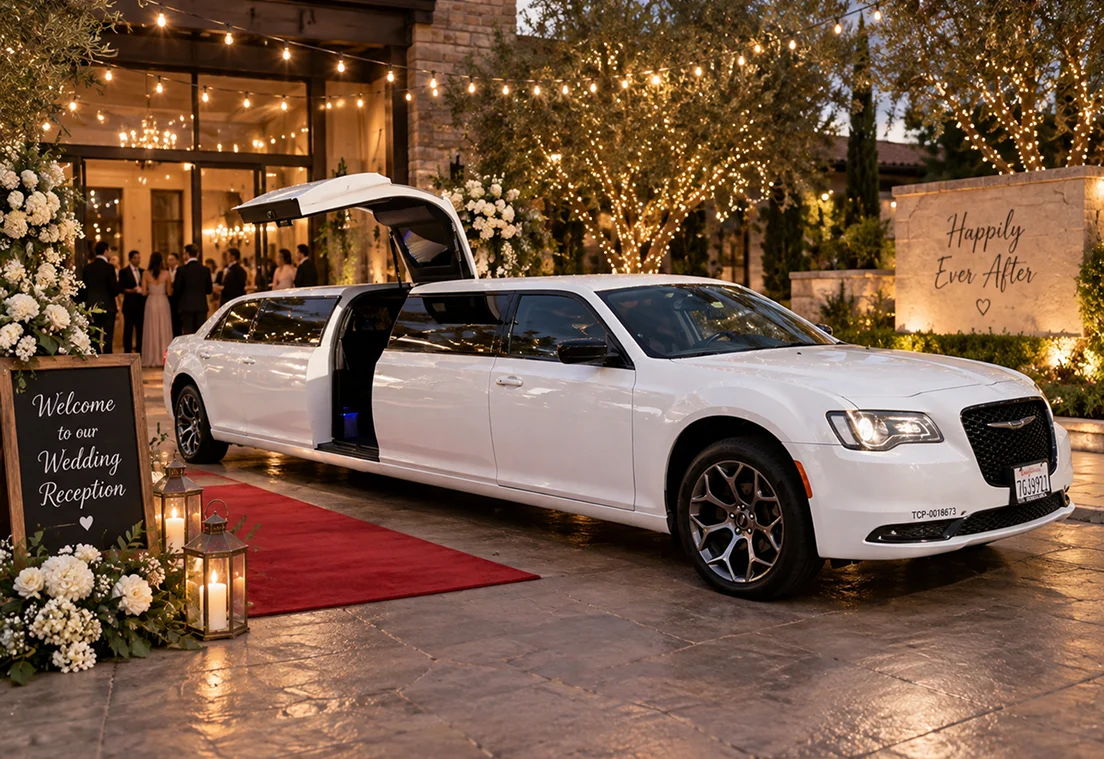 Temecula Limos white stretch limousine outside a wedding reception