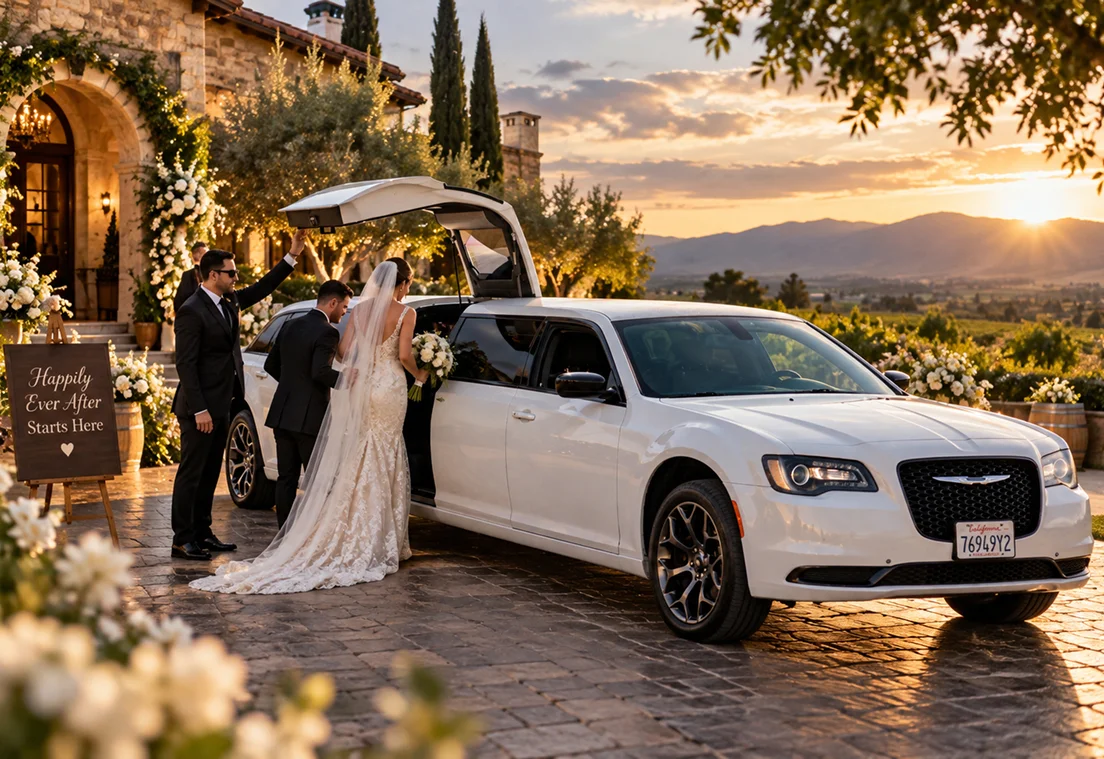 Temecula Limos white stretch limousine transporting a bride at a winery wedding