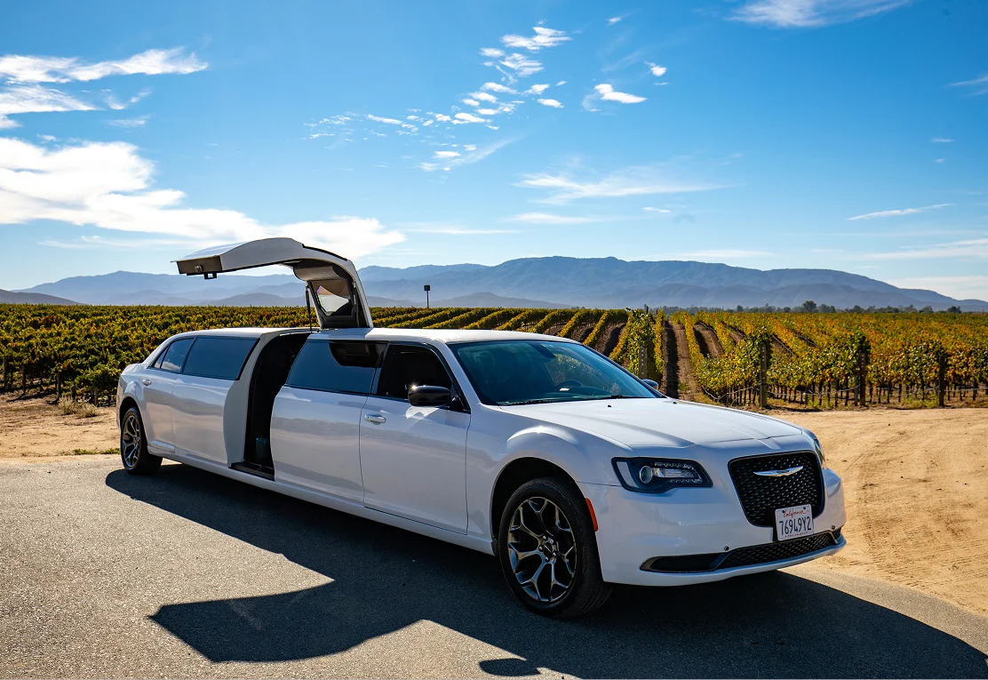 Temecula Limos white stretch limousine at a vineyard in Temecula