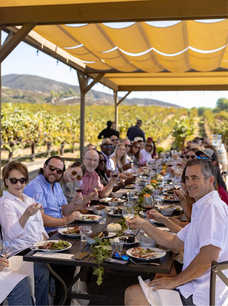 Temecula Limos wine tour guests enjoying a meal and wine tasting at a vineyard