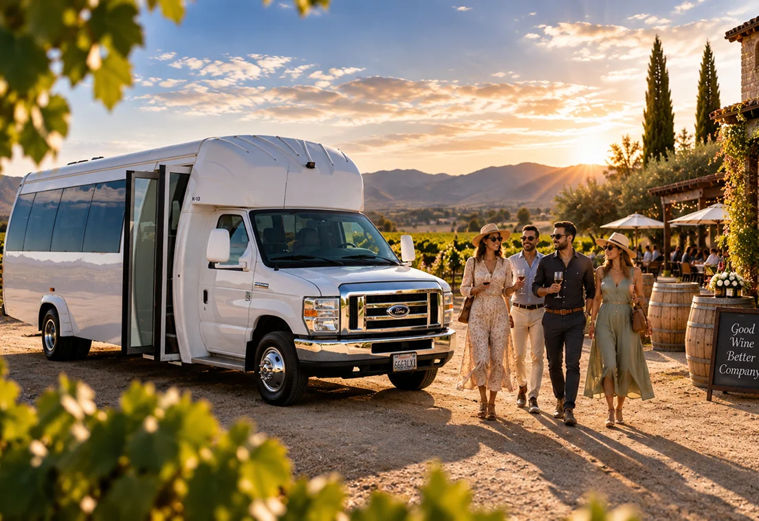 Temecula Limos luxury shuttle bus with guests at a Temecula winery